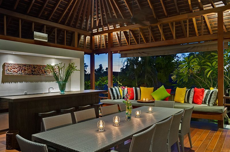 Bendega Villas Living and Dining Area at Night, Canggu | 8 Bedroom Villas Bali